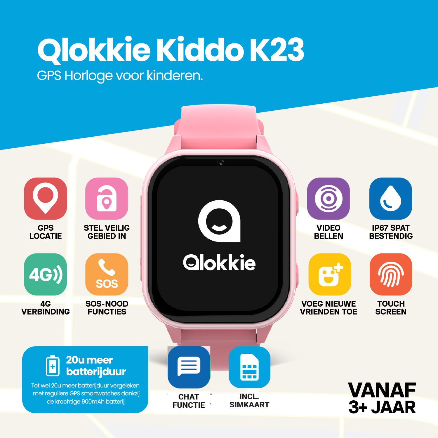Qlokkie GPS-Uhr für Kinder – Kiddo 23 – WhatsApp – Pink