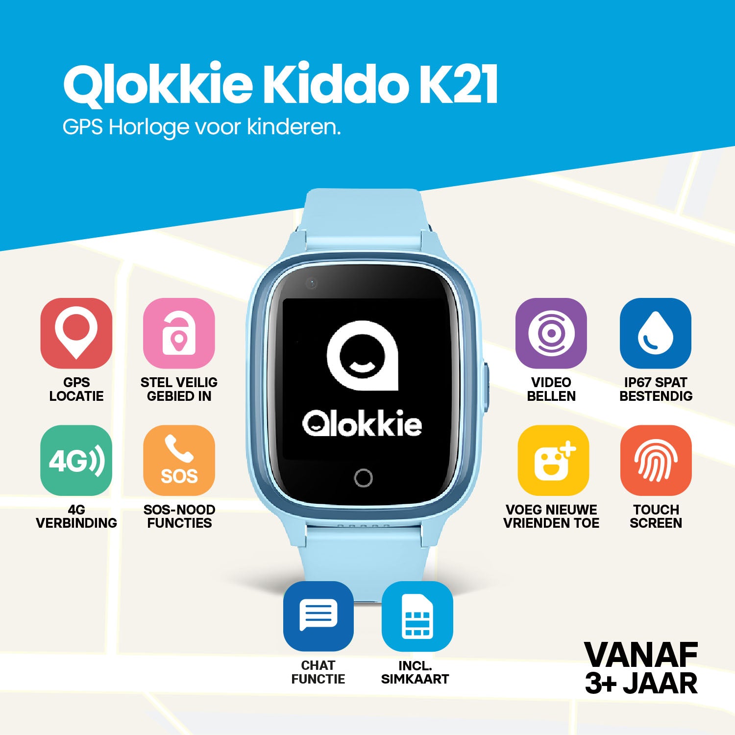 Qlokkie GPS-Uhr für Kinder - Kiddo 21 - Blau