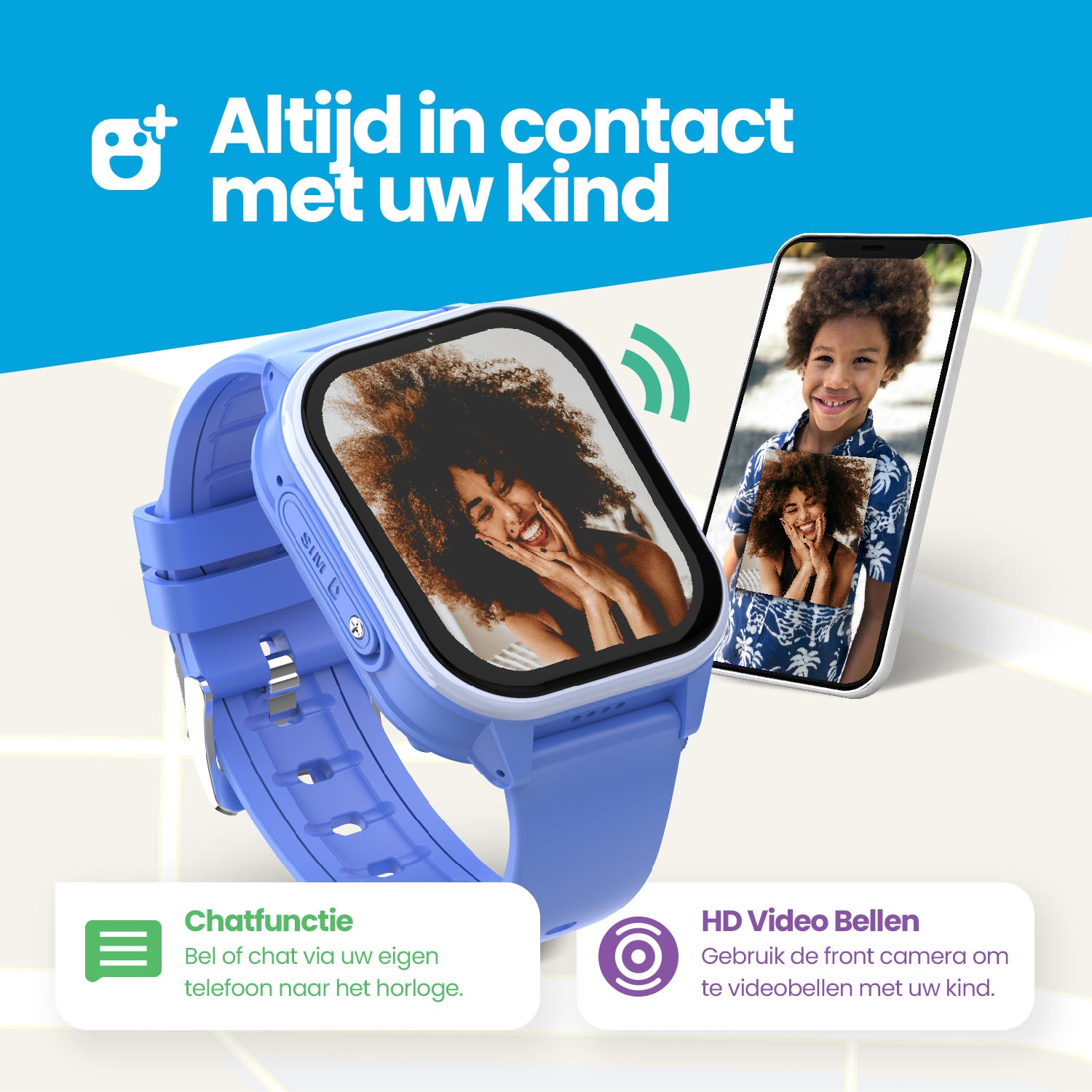 Qlokkie GPS-Uhr für Kinder – Kiddo 23 – WhatsApp – Blau