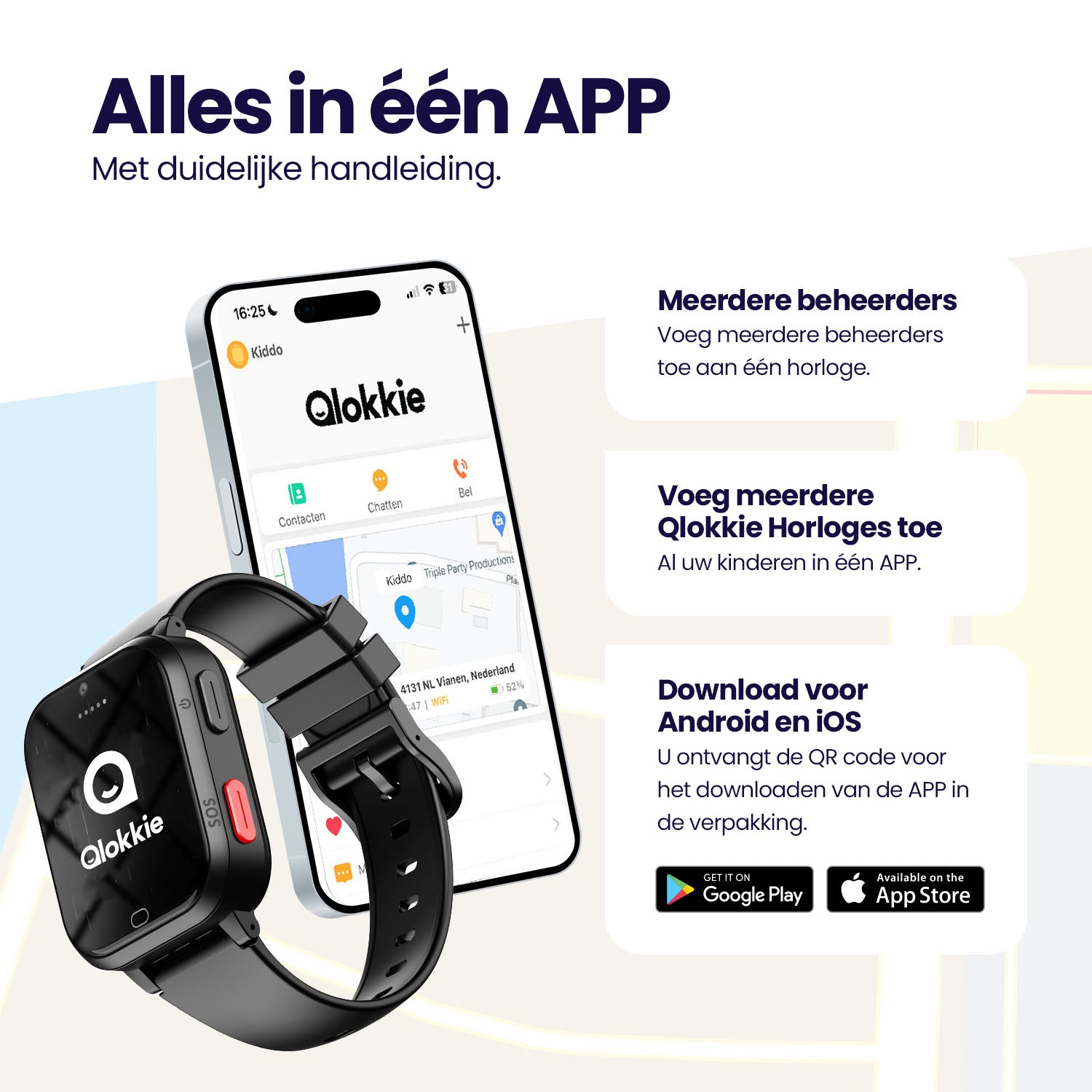 Qlokkie GPS Horloge Kind - Kiddo Next - Whatsapp - Blauw