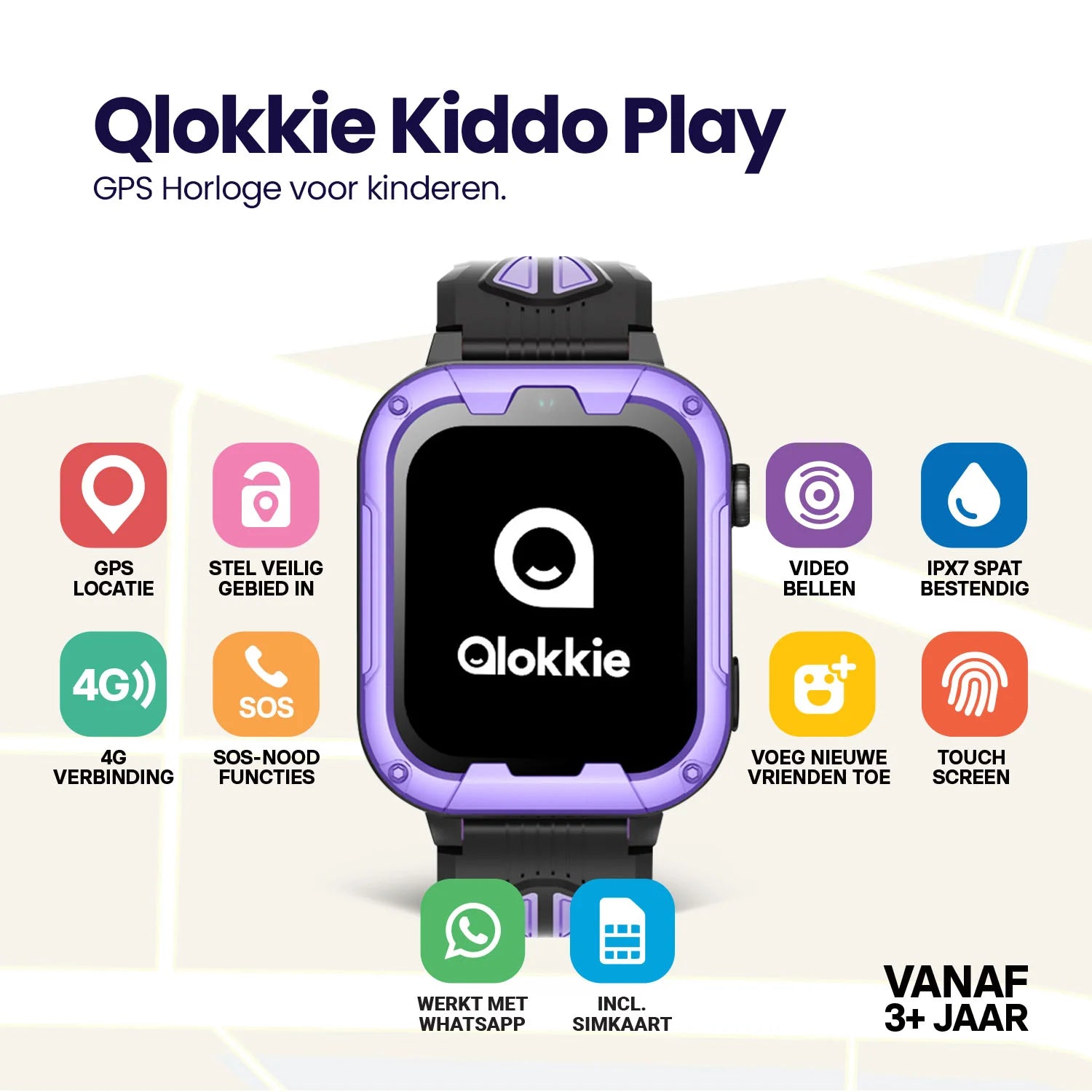 Qlokkie GPS Horloge Kind - Kiddo Play - Whatsapp - Paars