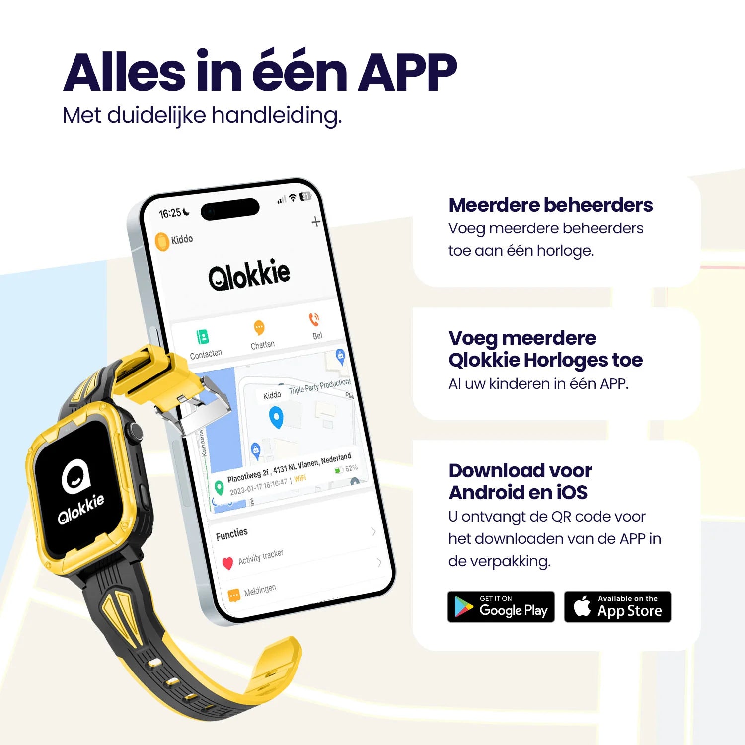 Qlokkie GPS Horloge Kind - Kiddo Play - Whatsapp - Geel