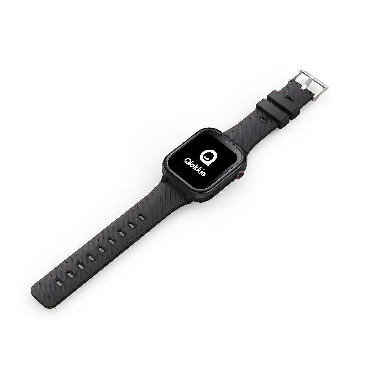 Kiddo Pro zwart kinderhorloge liggend met open bandjes, aan-knop, SOS-knop en Qlokkie-logo op display zichtbaar.