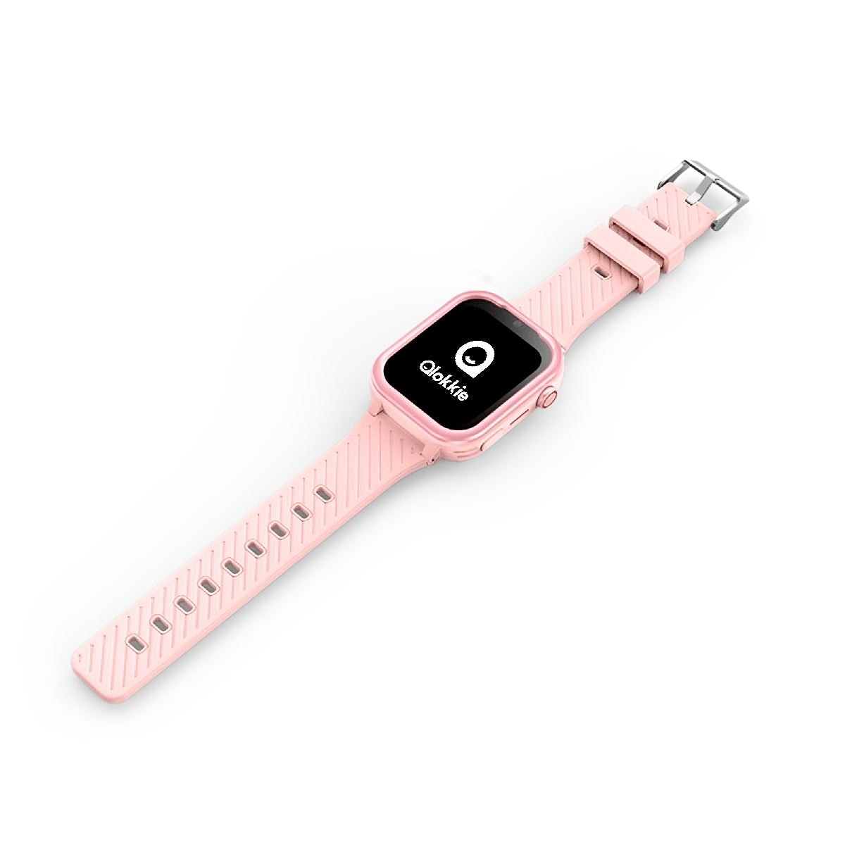 Kiddo Pro roze kinderhorloge liggend met open bandjes, aan-knop, SOS-knop en Qlokkie-logo op display zichtbaar.