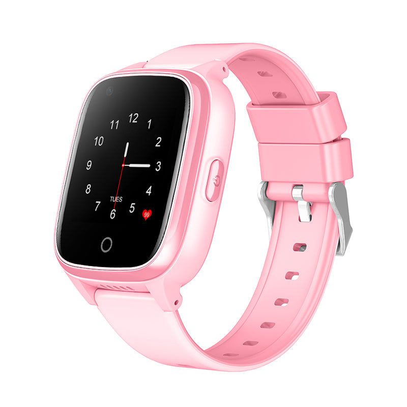 Zijaanzicht van de roze Kiddo 21 GPS horloge met gesloten bandje. Logo op display en de aan-knop zichtbaar aan de zijkant.