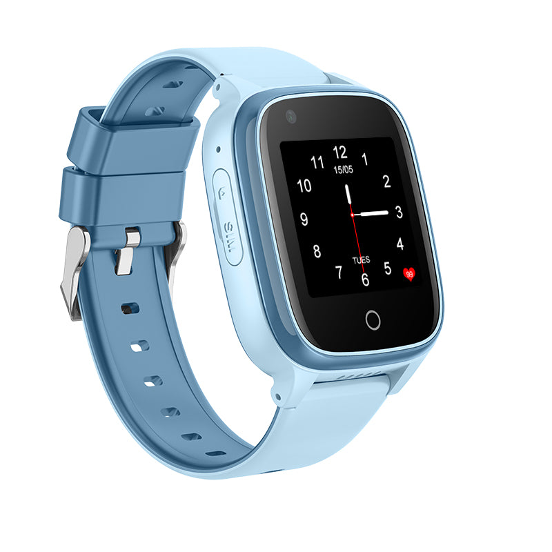 Zijaanzicht van de blauwe Kiddo 21 GPS horloge met gesloten bandje. Logo op display en SIM-kaartgleuf zichtbaar aan de zijkant.