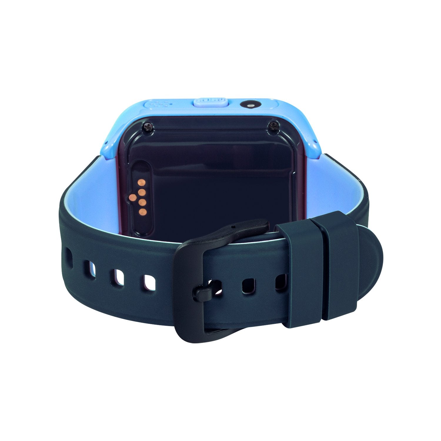 Blauw Qlokkie Kiddo 11 horloge, achteraanzicht met zichtbare horlogeband en sluiting, ideaal als kinderhorloge.