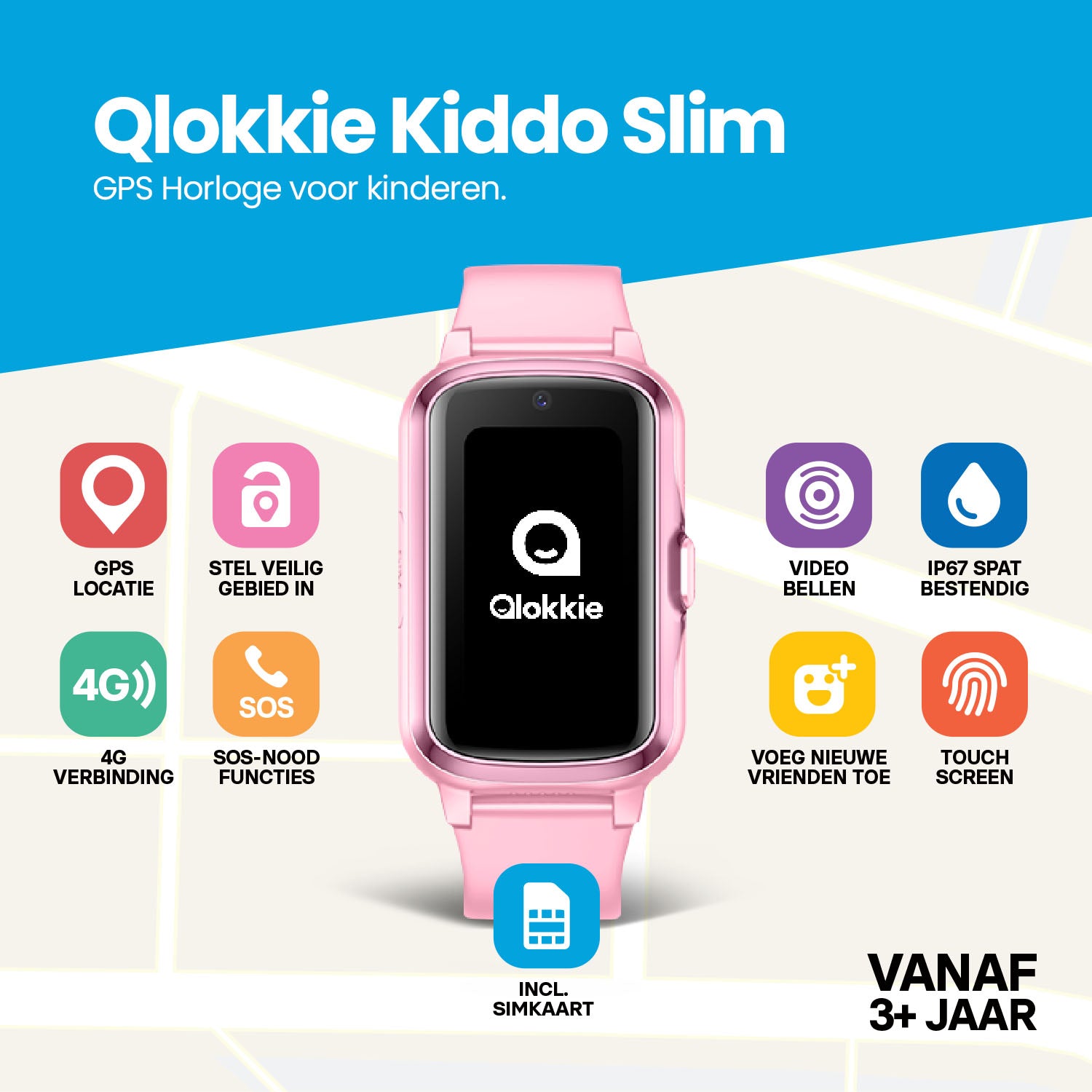 Qlokkie GPS Horloge Kind - Kiddo Slim - Roze