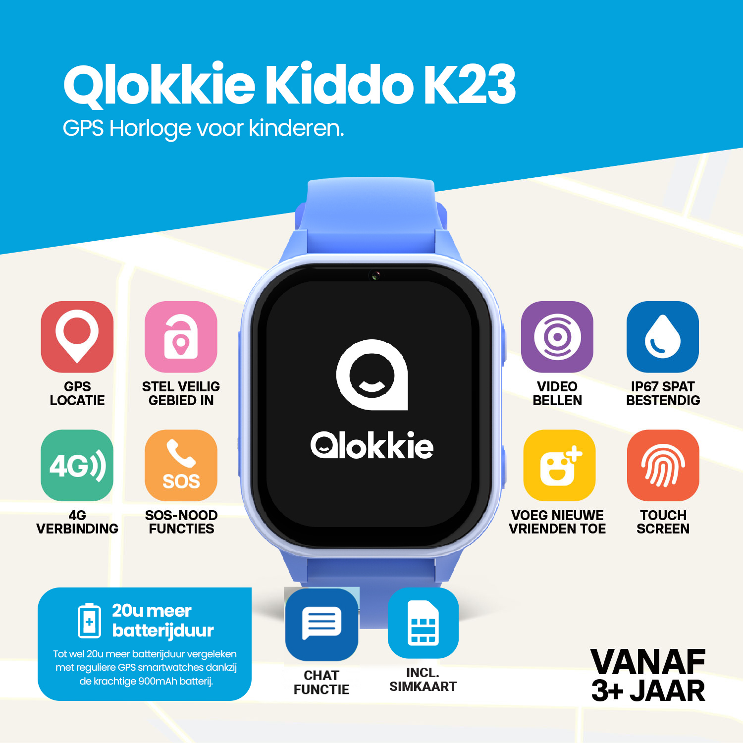 Qlokkie GPS-Uhr für Kinder – Kiddo 23 – WhatsApp – Blau 