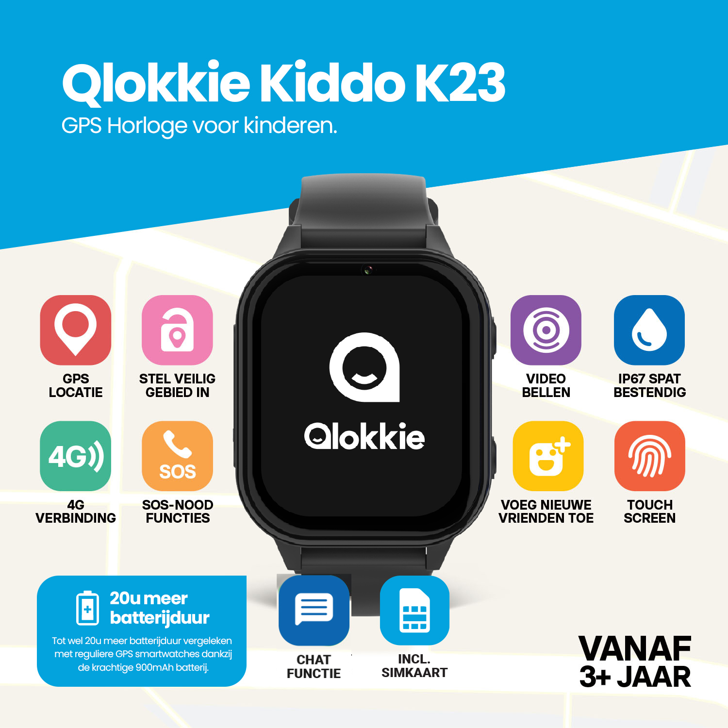 Qlokkie GPS-Uhr für Kinder – Kiddo 23 – WhatsApp – Schwarz