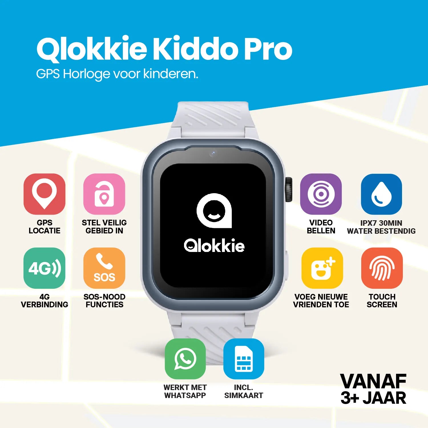 Qlokkie GPS Horloge Kind - Kiddo Pro - Whatsapp - Grijs