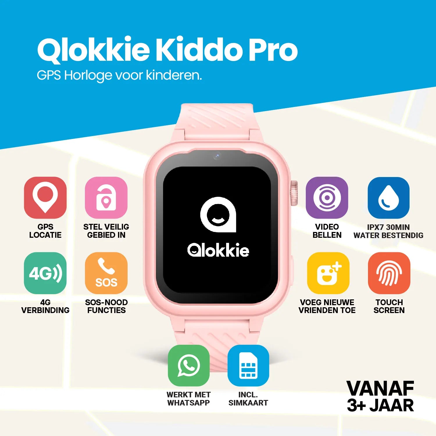 Qlokkie GPS Horloge Kind - Kiddo Pro - Whatsapp - Roze