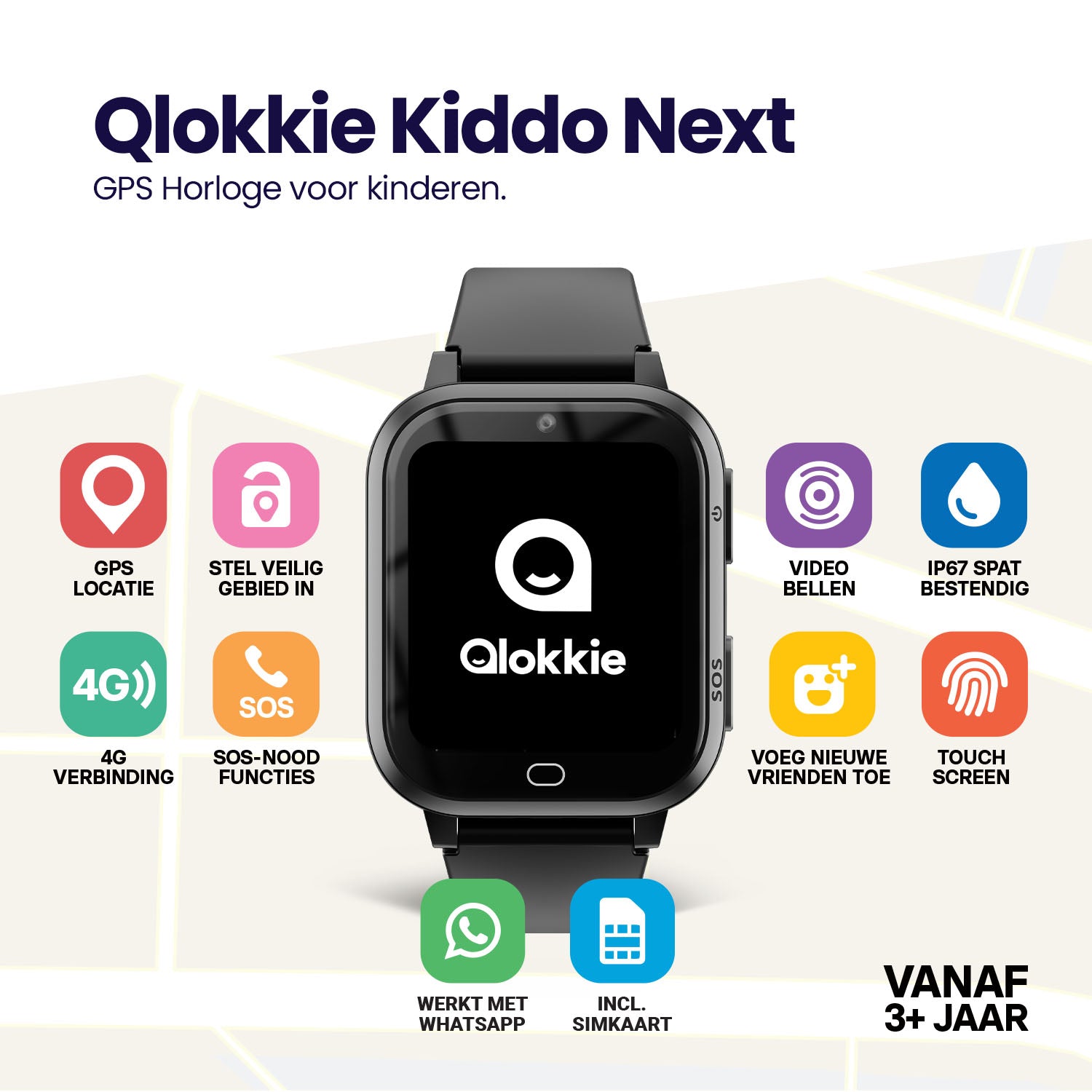 Qlokkie GPS-Uhr für Kinder – Kiddo Next – WhatsApp – Schwarz