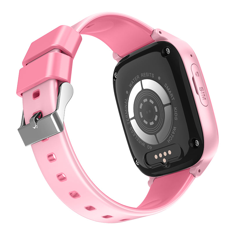 Zijaanzicht van achter van de roze Kiddo 21 GPS horloge, SIM-kaartgleuf zichtbaar aan de zijkant.